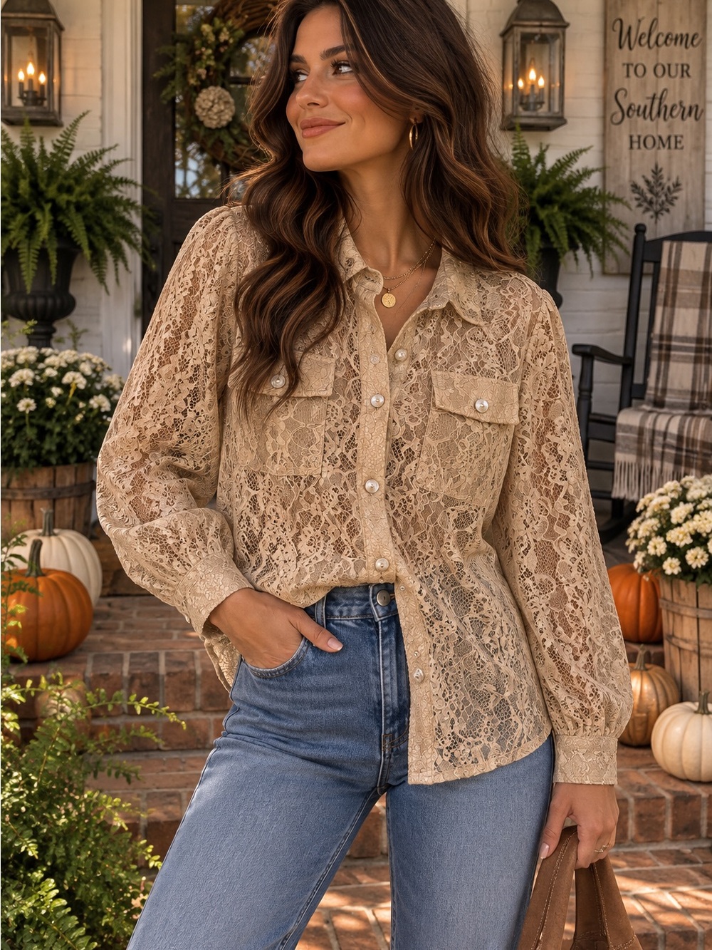 ANDREE BY UNIT Beige Lace Button-Down Shirt with Pearl Buttons